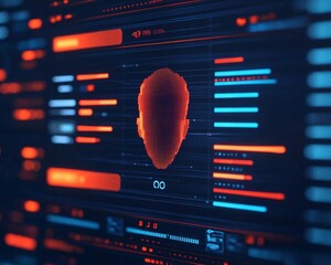 Poster - Futuristic digital interface showing a holographic human face with complex data patterns and bright neon colors.