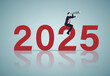 © HONGWEI - Year 2025 outlook, economic forecast or future vision, business opportunity or challenge ahead, year review or analysis concept, confidence businessman with telescope ride on year 2025.