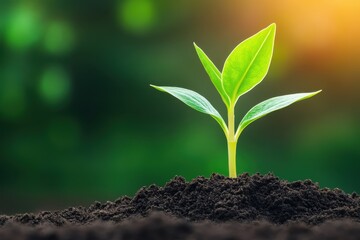 Wall Mural - Close-up of a young green plant growing from rich soil with a soft sunlight glow in the background.