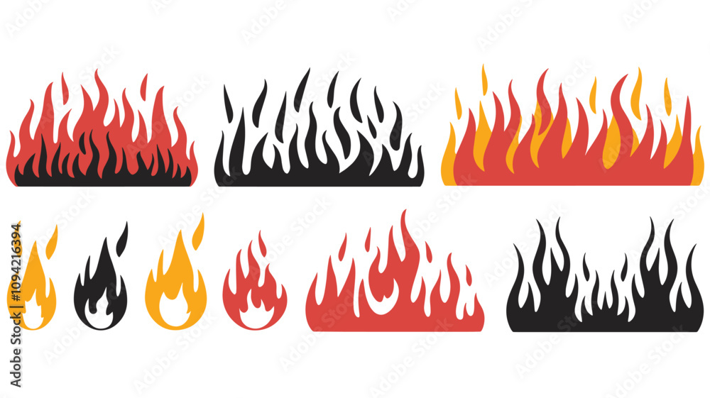 Vector set of fire flames detailed silhouette isolated on white ...
