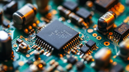 Poster - A 3D image shows a circuit board with tiny electronic parts.
