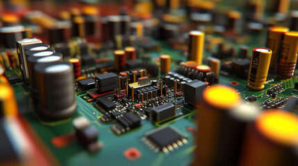 Poster - A 3D image shows a circuit board with tiny electronic parts.
