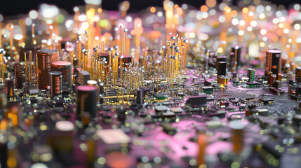 Poster - A 3D image shows a circuit board with tiny electronic parts.