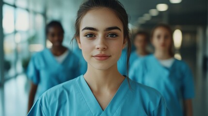 Wall Mural - A woman in a blue scrubs is smiling at the camera