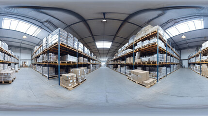 Poster - 360 degree panorama view.A 3D image shows the inside of a metal warehouse.  It's a high-resolution, panoramic view, perfect for virtual reality.