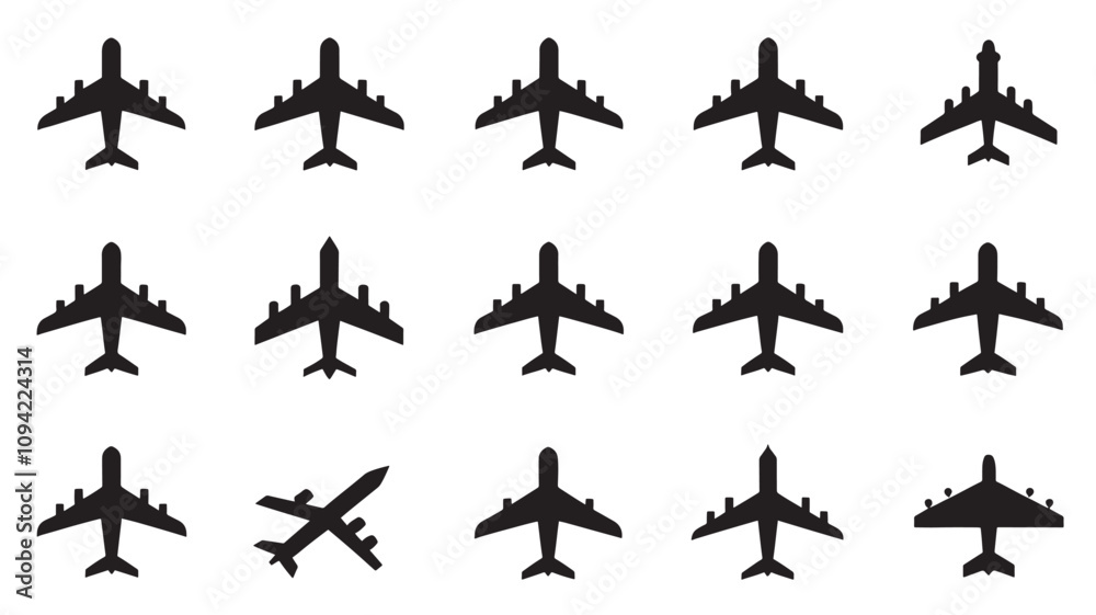 airplane icon commercial big aviation set silhouette aircraft Stock ...