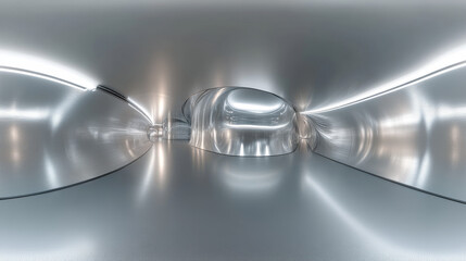 Poster - 360 degree panorama view.A 3D image shows a bright, empty room.  The walls are metallic, and the lighting is cool.  It's a panoramic view, perfect for virtual reality.