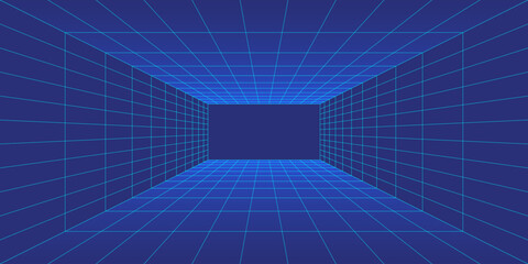 3d blue wireframe grid room. Perspective laser cyberspace dark background