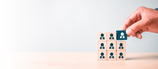 Wall Mural - hr, hrm, human resources management concept. wooden cube block print screen person. teamwork concept