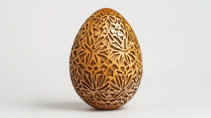 Poster - Intricate Carved Wooden Egg with Floral Patterns Showcasing Craftsmanship and Artistic Design over a Light Background for Easter or Home Decor