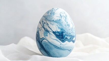 Poster - Decorative Blue and White Swirled Egg on a Soft Fabric Background, Perfect for Spring Celebrations and Artistic Displays in Home Decor and Craft Projects