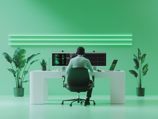 Wall Mural - Futuristic financial advisor at work modern office digital workspace green environment professional viewpoint innovative concepts for finance