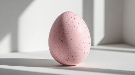 Poster - Elegant Pink Speckled Egg on a Minimalist Surface with Soft Shadows and Bright Natural Light Creating a Calm and Serene Atmosphere in a Contemporary Setting