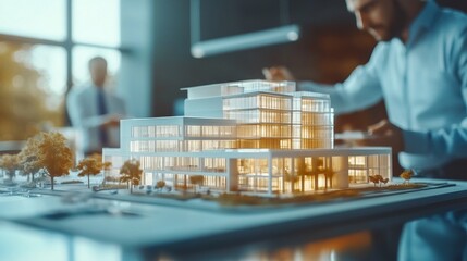 Poster - A man is working on a model of a building
