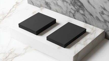 Poster - Minimalist design showcase elegant black boxes on marble surface home decor modern aesthetic close-up view visual simplicity