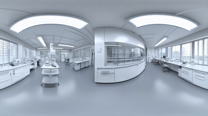 Poster - 360 degree panorama view.A 3D image shows a bright, empty lab or office.  It's a complete, panoramic view suitable for virtual reality.
