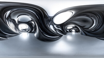 Poster - 360 degree panorama view.A 3D image shows a swirling, black, geometric building interior.  It's a panoramic view, perfect for virtual reality.