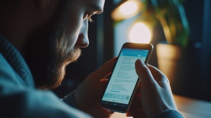 Poster - Man engaged with smartphone indoor setting technology use cozy environment close-up view digital communication concepts