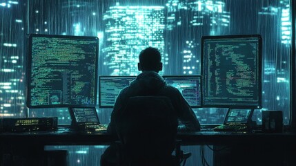 Poster - Cybersecurity analyst monitoring data streams urban cityscape digital art night setting close-up technology insights