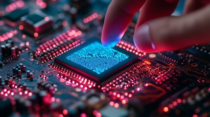 Wall Mural - Hand touching a chip on a circuit board with a blue glowing square icon, a futuristic digital technology concept background. Abstract stock photo of a hand pointing at a computer microchip in