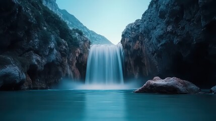 Poster - A cascading waterfall becomes a silky smooth curtain of white against the dark rocks, its power evident in the rushing blur of water.