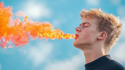 Poster - A street performer breathes fire, a plume of orange and red flames erupting from his mouth, illuminating the awestruck faces of the crowd.