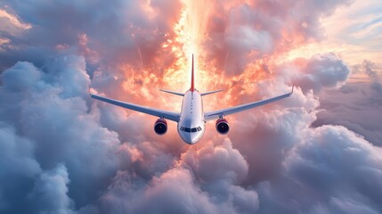 Poster - A passenger airplane soars through a cloud filled sky, the setting sun casting golden light on its fuselage, leaving a white trail against the azure backdrop.