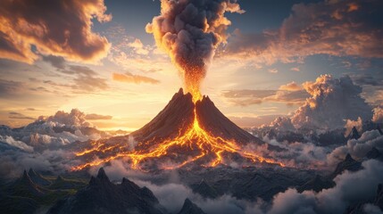Poster - A volcano erupts, spewing molten lava and ash into the air, creating a fiery spectacle against a backdrop of a darkened sky.