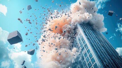 Poster - A controlled demolition sends a building collapsing in on itself, a cloud of dust and debris engulfing the structure as gravity takes hold.