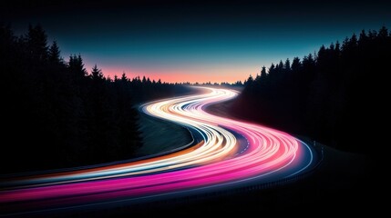 Poster - Long exposure photograph of car headlights and taillights streaking across a highway at night, creating a mesmerizing tapestry of light and motion.