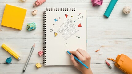 Poster - A hand sketching a logo concept in a notebook, surrounded by design tools and brainstorming ideas for a brand visual representation.