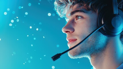 Poster - A customer support representative wearing a headset, talking to a customer on the phone and providing helpful solutions.