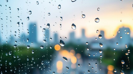 Wall Mural - Close up shot of raindrops cascading down a window pane, creating a mesmerizing pattern of water droplets against a blurred city street scene.