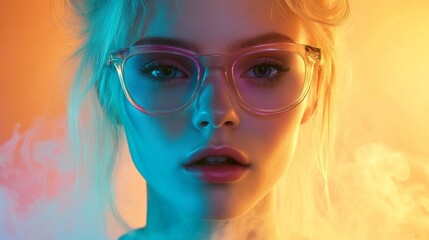 Poster - A woman with glasses and a pink lip is looking at the camera