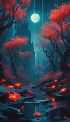 Poster - Red Moonlit Fantasy Forest