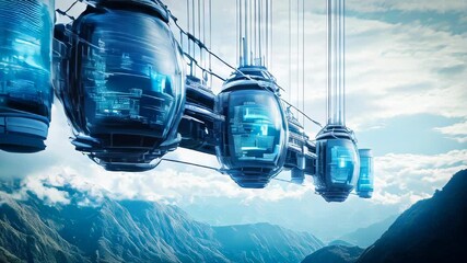 Poster - Fantasy high tech capsules hanging over a mountain landscape