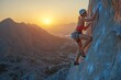 © Aleksandra - A rock climber scaling a steep cliff face with the sunset in the background.