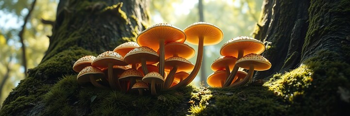 Wall Mural - a cluster of rare and exotic mushrooms growing in the dappled light filtering through a moss-covered