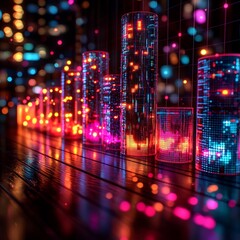 Poster - Glowing Glass Columns Representing Energy Data and Growth Concept with Abstract Infographic Design