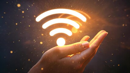 Poster - wifi signal on phone screen held in a human hand against a dark background.