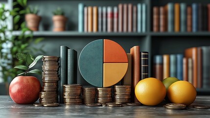 Poster - minimalist pie chart concept with object representations on clean background