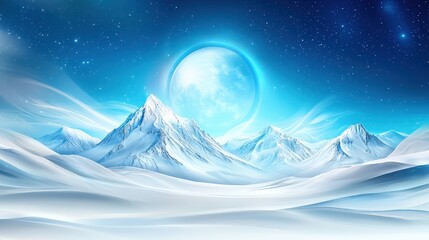 Poster - A mountain range bathed in soft moonlight, with snow-covered peaks glowing gently under a clear night sky.