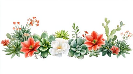 Wall Mural - A nature-inspired cactus border featuring a variety of desert plants and flowers, ideal for use in invitations, posters, or nature-themed designs.