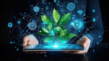 Poster - A person using a digital tablet to interact with AI, demonstrating the power of technology in enhancing daily life and work tasks in a modern home office.