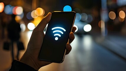 Poster - wi-fi signal icon on phone screen held by a human hand, with a dark background.