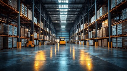 Poster - Efficient Warehouse Distribution Stacked Pallets and Forklifts Symbolize Wholesale Logistics