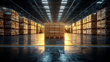 Poster - Warehouse Filled with Stacked Pallets of Goods Forklifts Moving in the Background Symbolizing Wholesale Distribution