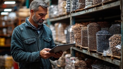 Poster - Business Owner Checking Inventory on Tablet with Shelves of Wholesale Goods in the Background