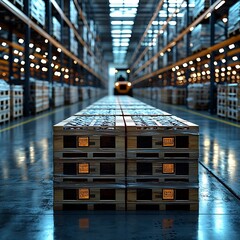 Poster - Organized Warehouse Storage with Stacked Crates and Forklift in Distance