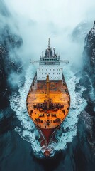 Poster - International Cargo Ship Sailing to Global Markets with Wholesale Goods in Misty Waters